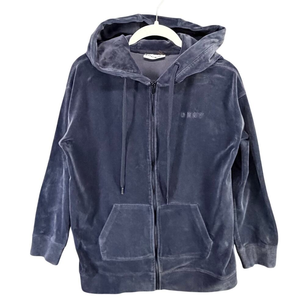 DKNY Sport Velour Hoodie Jacket Womens M Blue Velvet Full‎ Zip Logo Sporty Cozy - Picture 2 of 14